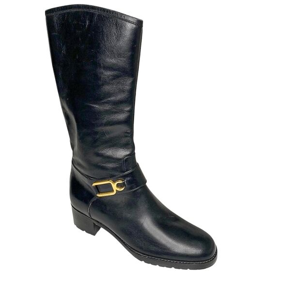 Gucci Tall Black Leather Pull On Riding Boots Size 7.5 Chunky Block Heel - Picture 1 of 12